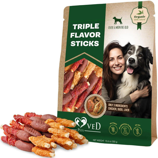 Triple Flavor Dog Rawhide Treats Duck & Chicken Human Grade Meat Natural &